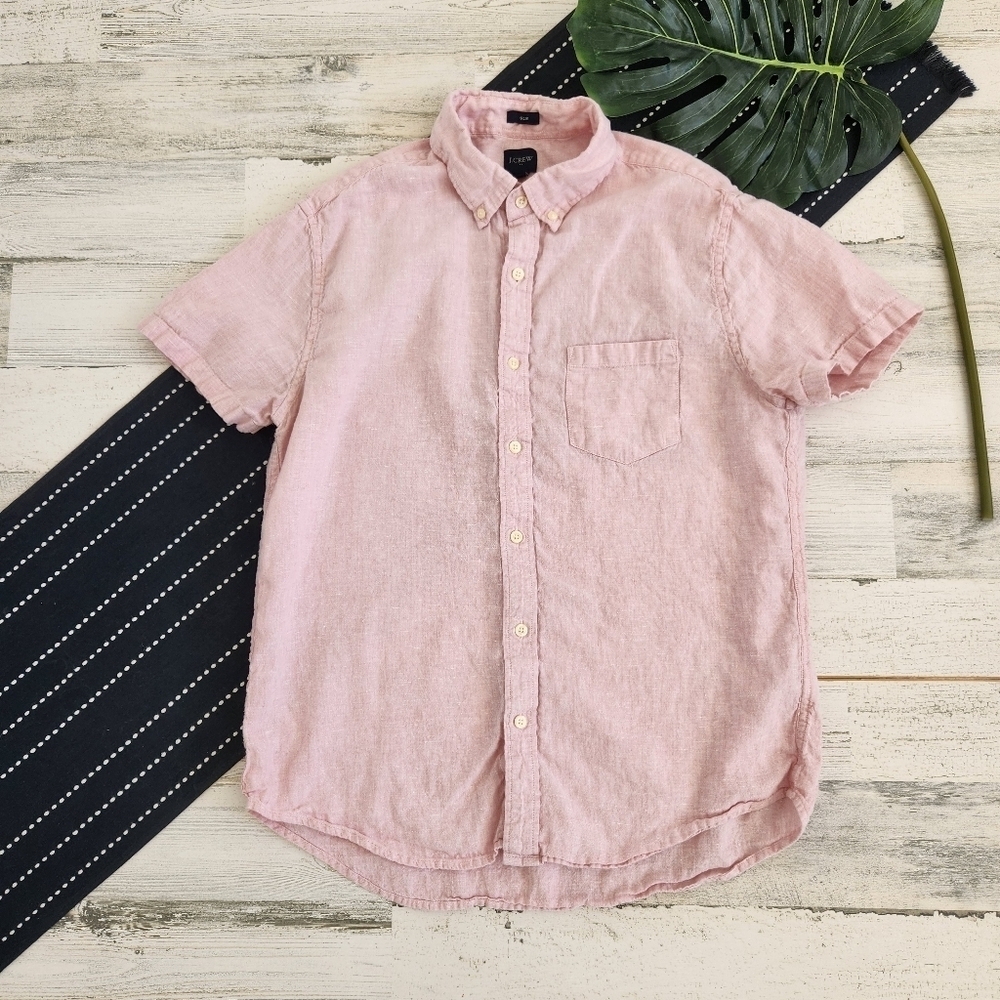 J.Crew Factory Short Sleeve Slim Linen Blend Shirt Pink Size Large